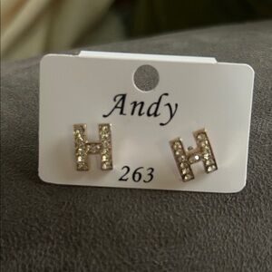 Gold Initial H Earrings with Crystals